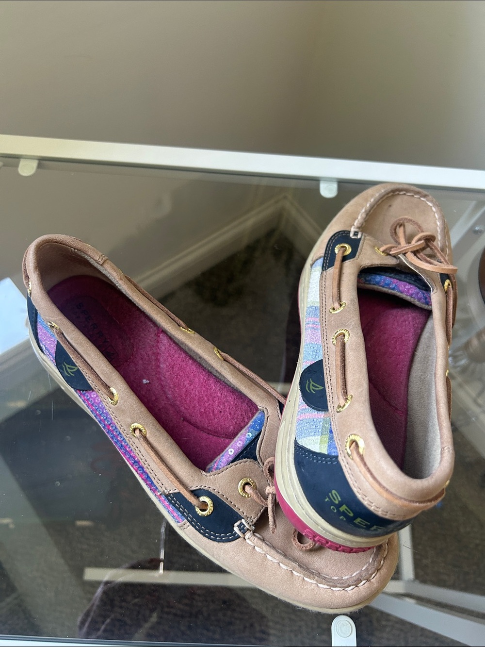 Sperry Girls Tan and Pink Patterned Moccasin Boat Shoes